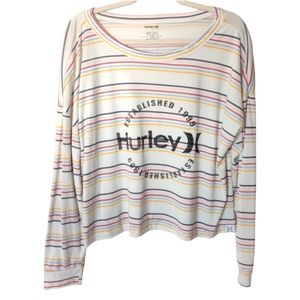 Hurley Striped White Long Sleeve Crop T -Shirt Hurley Graphic Front EUC sz L